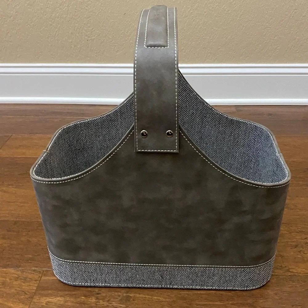 Gray Faux Leather Tweed Magazine Holder Storage Bin Basket Home Decor